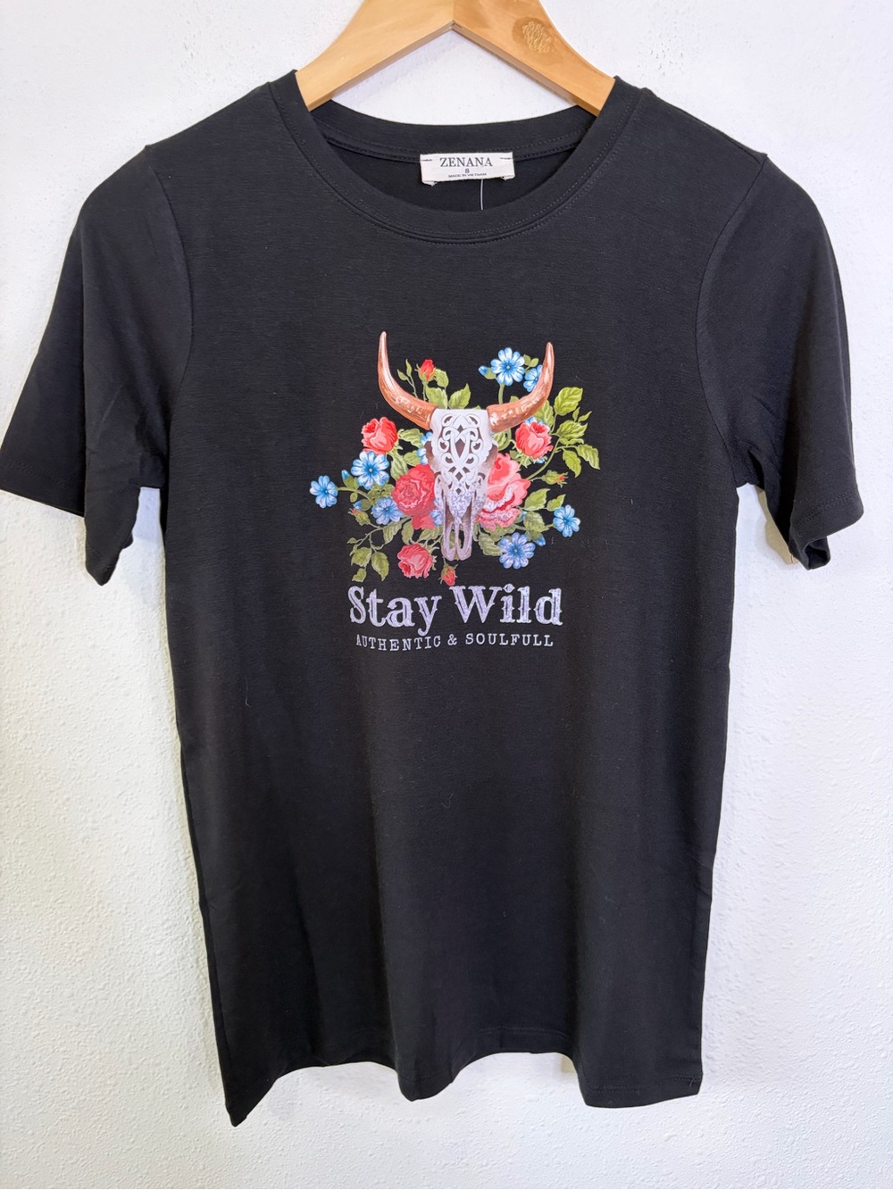 Zenana Outfitters Black Short Sleeve Tee with Floral western Skull Graphic - Picture 2 of 4